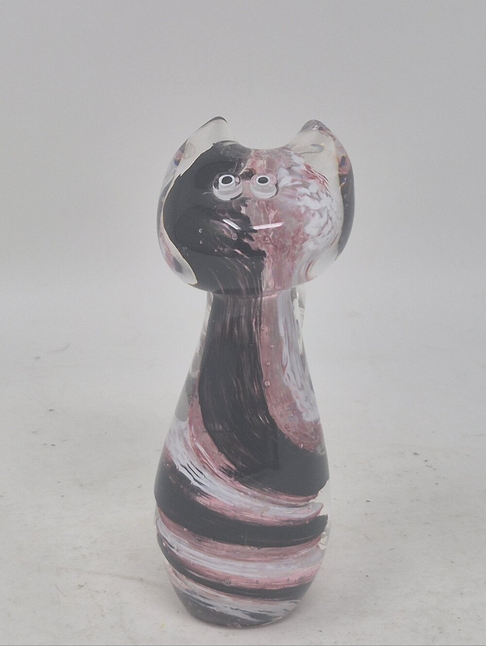 Art Glass Black Pink And White Swirl Cat Figurine